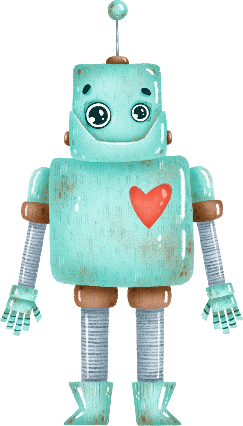 Hand drawn Funny cartoon green robot with red heart