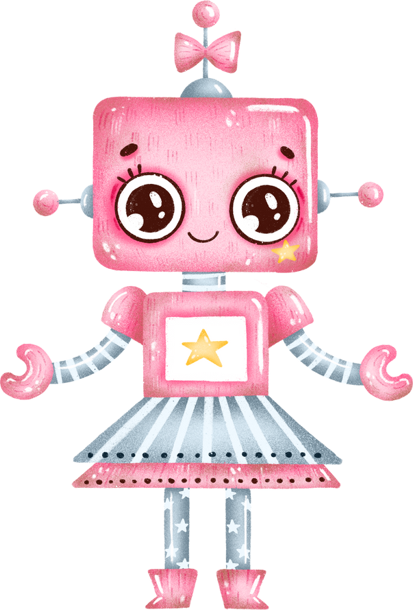 Hand drawn Cute pink robot girl with big eyes and stars