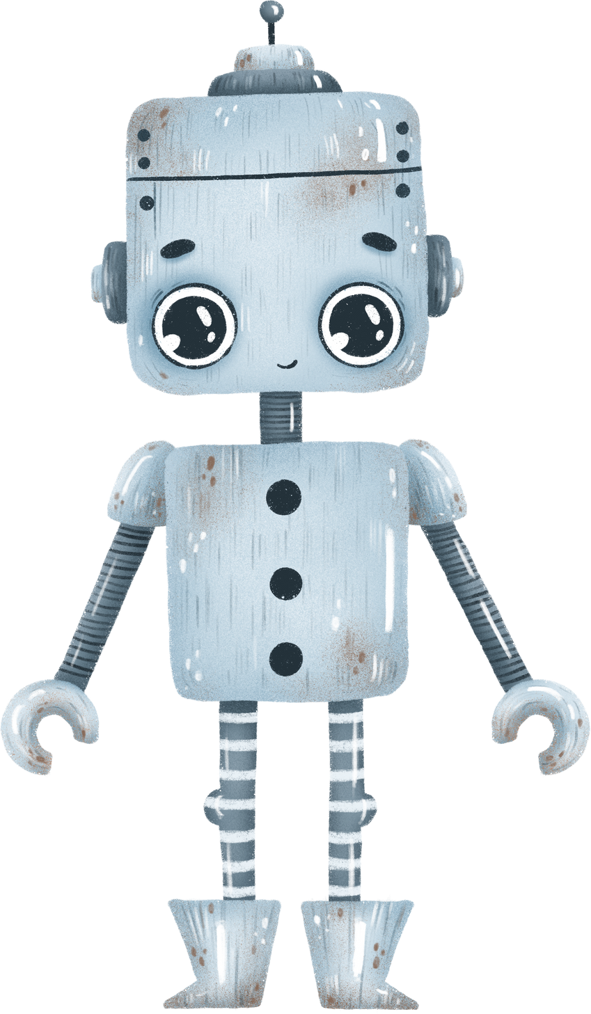 Hand drawn Cute grey robot with big eyes